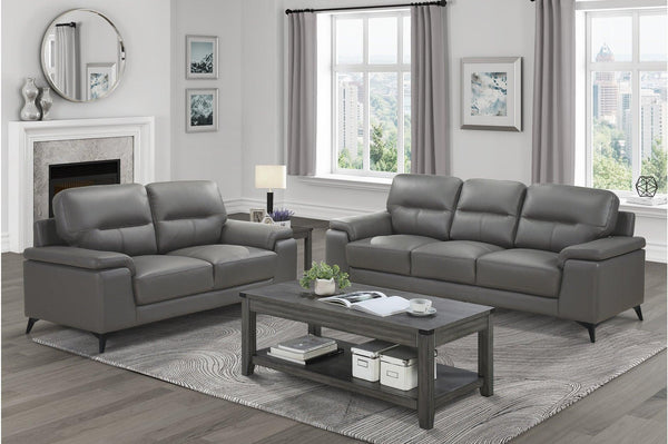 Frontal view of Mischa Dark Gray Top-Grain Leather Sofa and Loveseat set