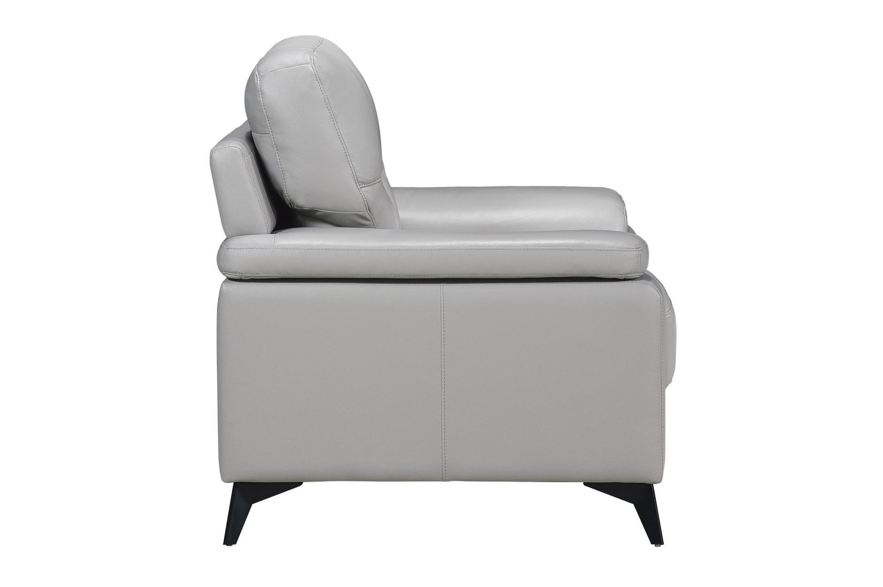 side angle of Mischa Silver leather loveseat