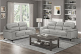 front view of Mischa Silver burgundy leather sofa and loveseat set