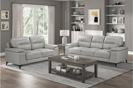 front view of Mischa Silver burgundy leather sofa and loveseat set