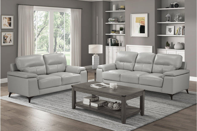 front view of Mischa Silver burgundy leather sofa and loveseat set