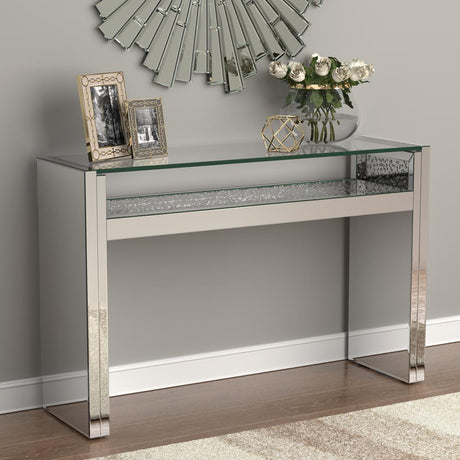 Edna mirrored acrylic silver console table front angle with LED lighting