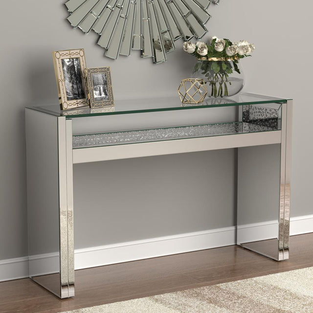 Edna mirrored acrylic silver console table front angle with LED lighting