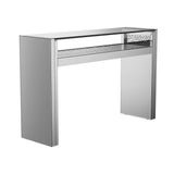Side view of Edna silver mirrored console table showing shelf and legs