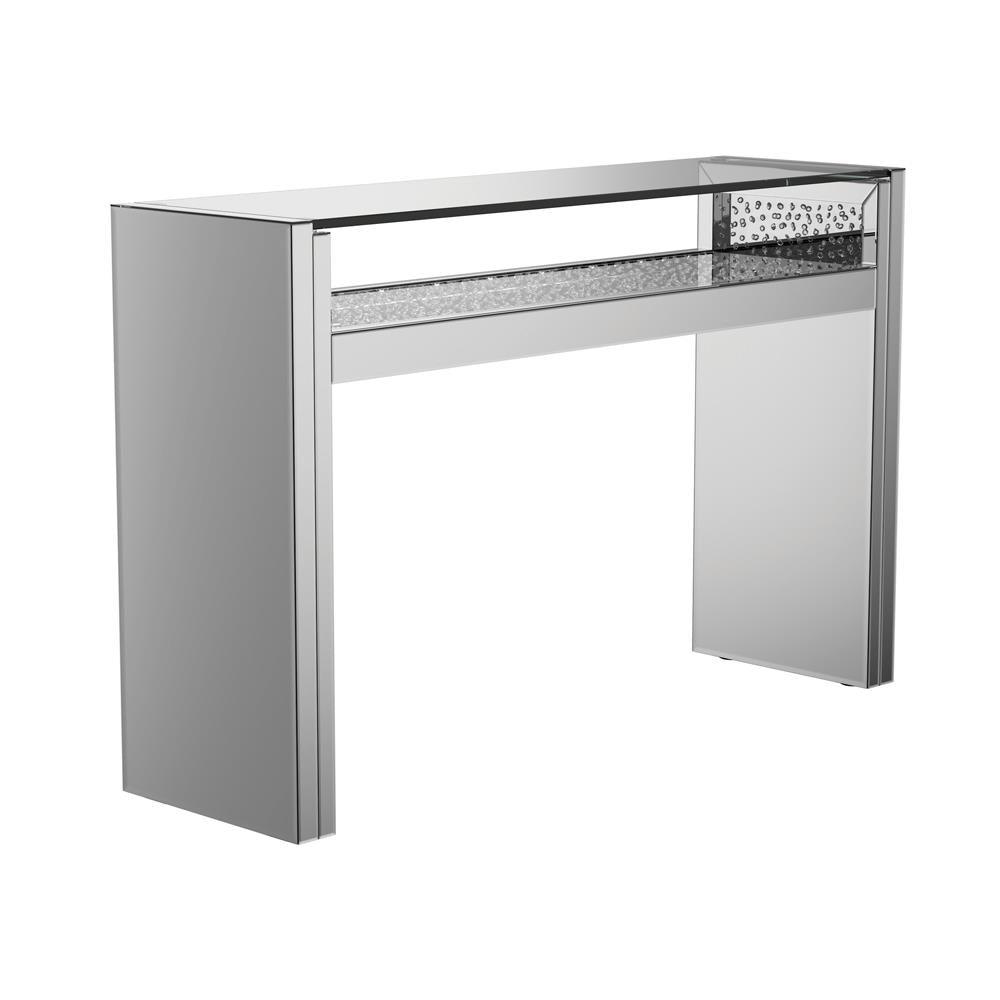Side view of Edna silver mirrored console table showing shelf and legs
