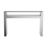 Close-up of Edna console table silver mirrored glass top and LED lighting