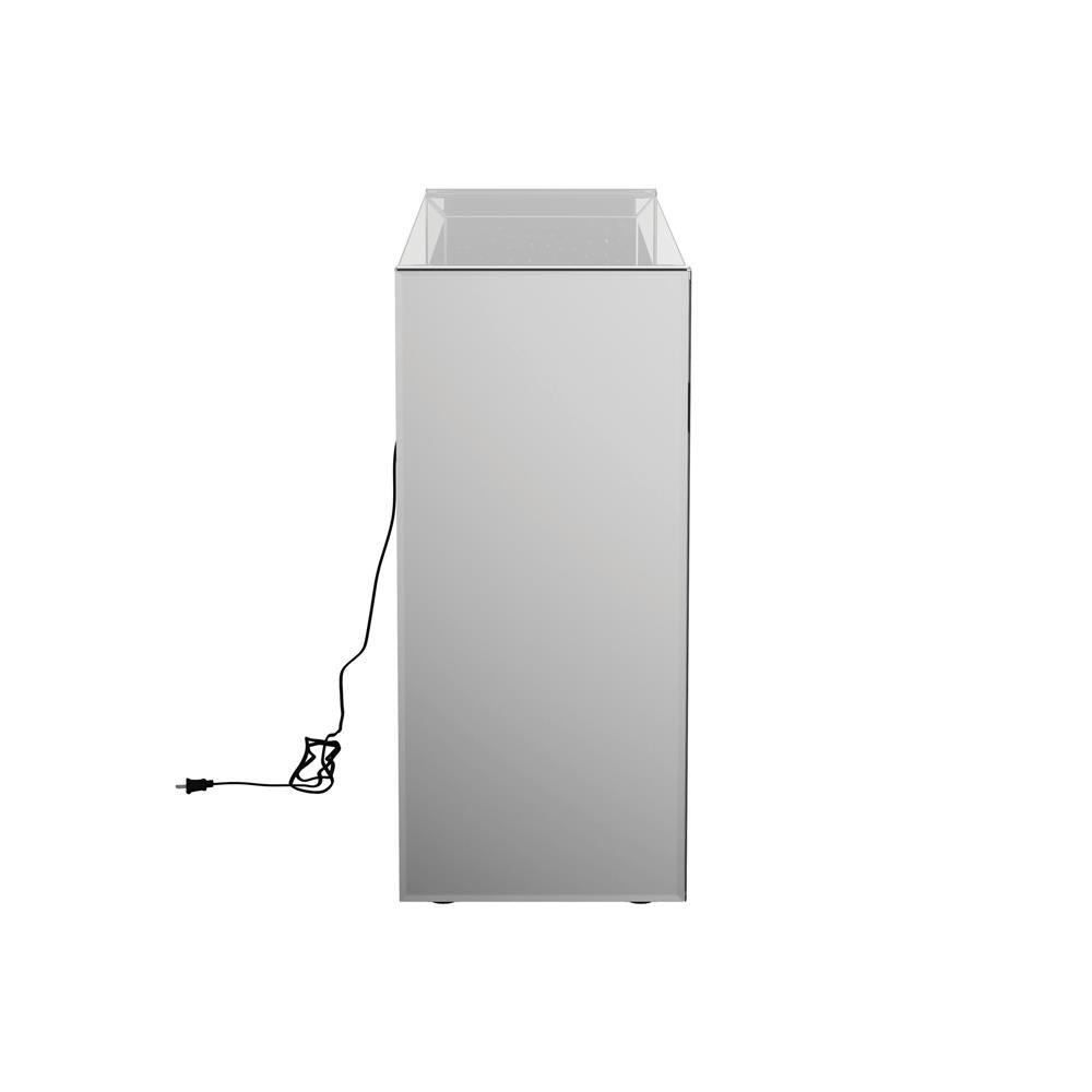 Edna silver mirrored acrylic console table corner view with shelf