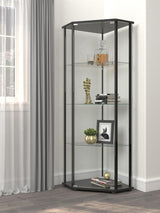 Zenobia Curio Cabinet dark grey wood finish with chrome metal supports front view