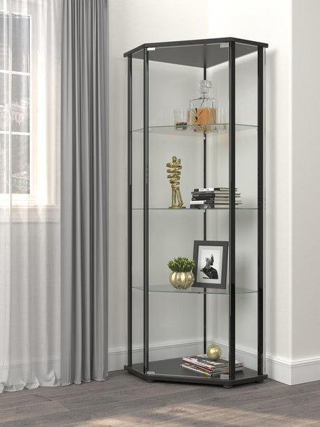 Zenobia Curio Cabinet dark grey wood finish with chrome metal supports front view