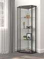 Zenobia Curio Cabinet dark grey wood finish with chrome metal supports front view