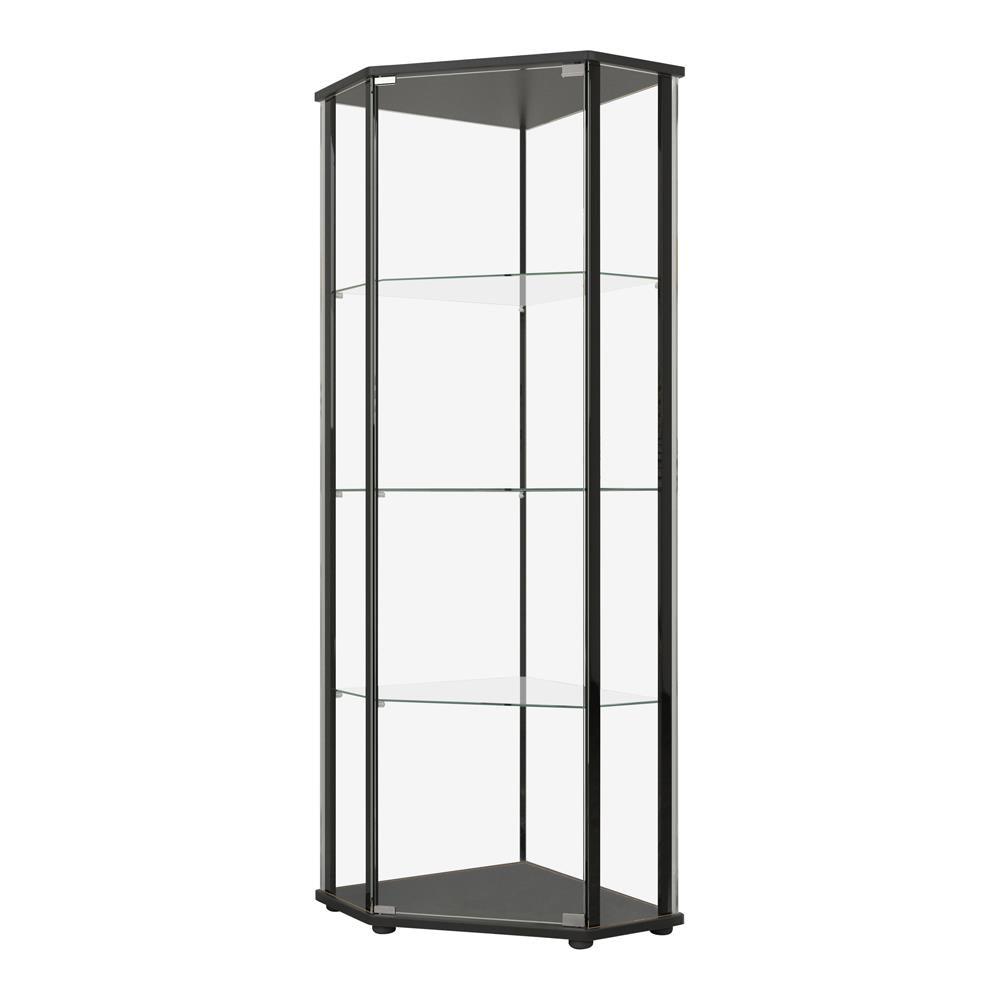 Zenobia Curio Cabinet side view showing glass shelves and drawers