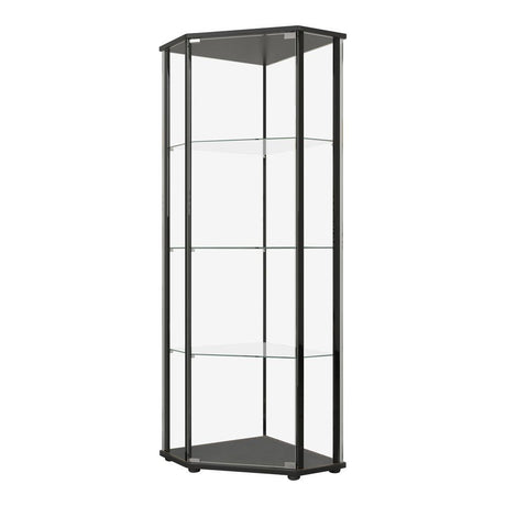Zenobia Curio Cabinet side view showing glass shelves and drawers