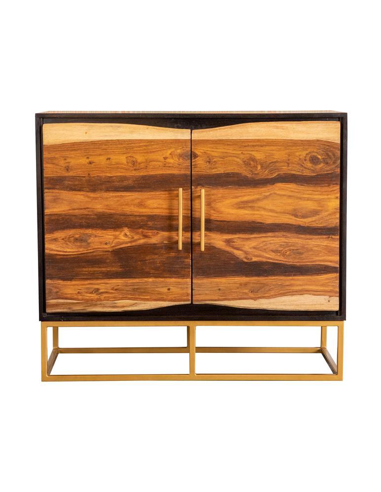 Zara accent cabinet side view showing gold geometric metal base