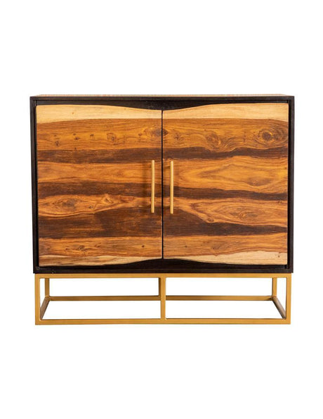 Zara accent cabinet side view showing gold geometric metal base