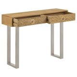 Natural mango wood console table polished stainless steel base detail