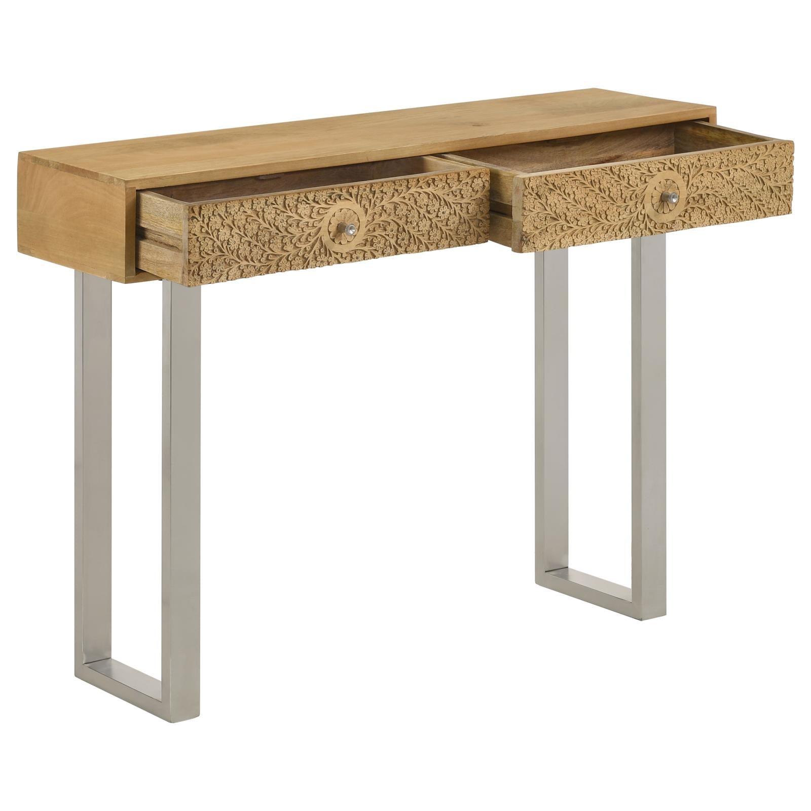 Natural mango wood console table polished stainless steel base detail