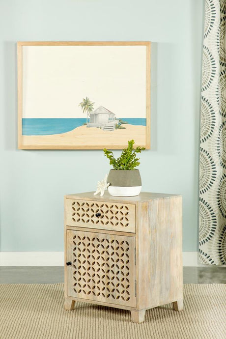 August 1-Door Accent Cabinet whitewashed finish front angle
