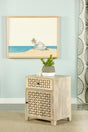 August 1-Door Accent Cabinet whitewashed finish front angle