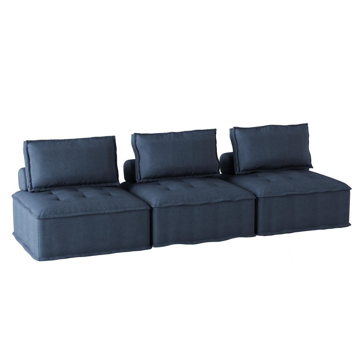 Ulrich blue tufted fabric sofa side profile