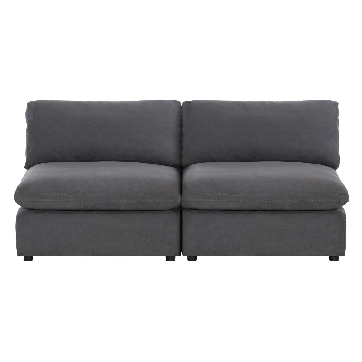 Gray fabric armless loveseat front view