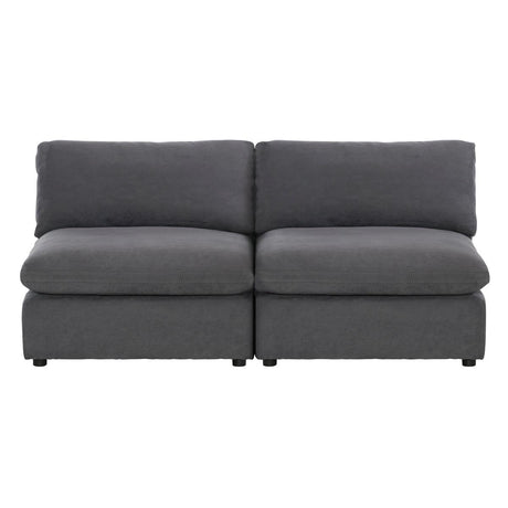 Gray fabric armless loveseat front view