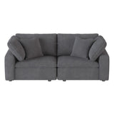 Gray microfiber love seat front view showing cushions and exposed wood feet