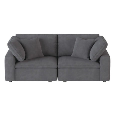 Gray microfiber love seat front view showing cushions and exposed wood feet