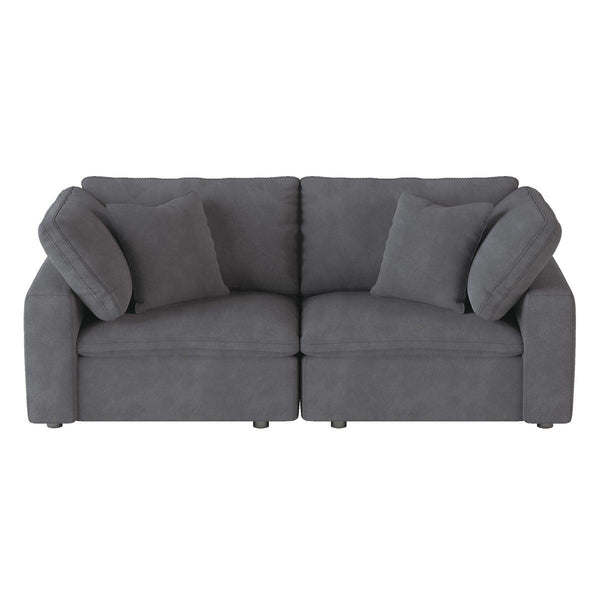 Gray microfiber love seat front view showing cushions and exposed wood feet