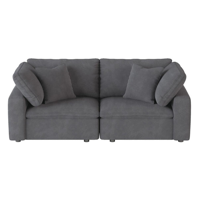 Gray microfiber love seat front view showing cushions and exposed wood feet