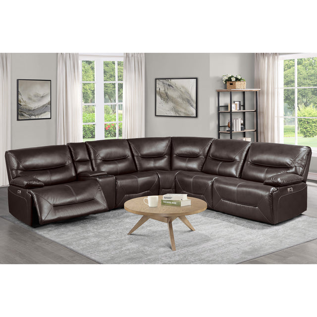 Close-up of recliner seat and pillow-back cushions in brown faux leather