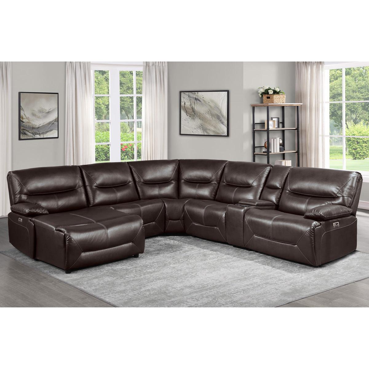 Dyersburg Brown Solid Wood Premium Faux Leather Upholstery 6-Piece Power Reclining Sectional - Ella Furniture
