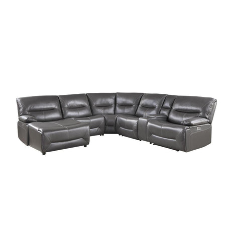 Dyersburg Gray Faux Leather 6-Piece Power Reclining Sectional with Left Chaise front view