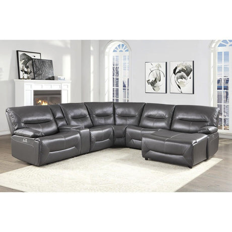 Full assembly of Dyersburg Gray Faux Leather 6-Piece Power Reclining Sectional with Right Chaise