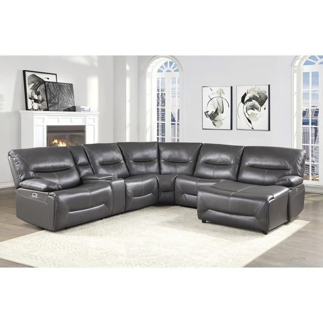 Full assembly of Dyersburg Gray Faux Leather 6-Piece Power Reclining Sectional with Right Chaise