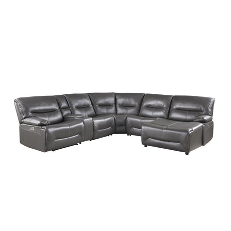 Dyersburg Gray Faux Leather 6-Piece Power Reclining Sectional with Right Chaise front view