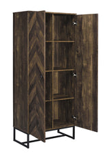 Side angle of Carolyn accent cabinet with metal base