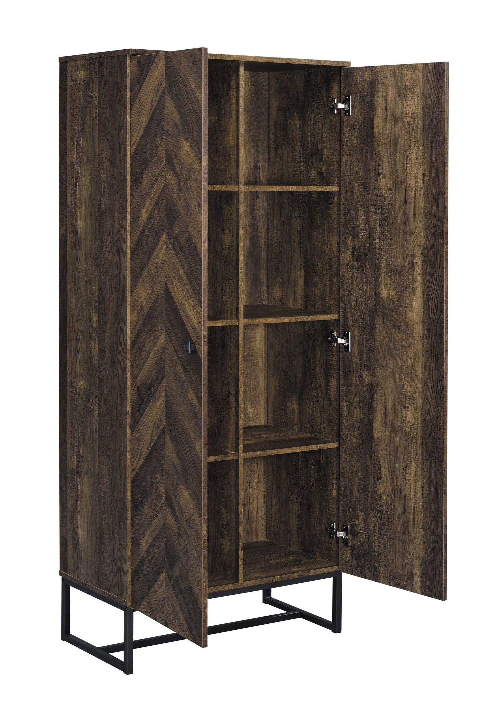 Side angle of Carolyn accent cabinet with metal base