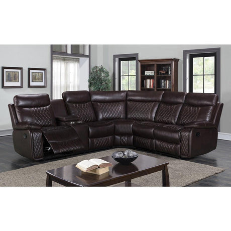 Brown faux leather 3-piece reclining sectional sofa angled view