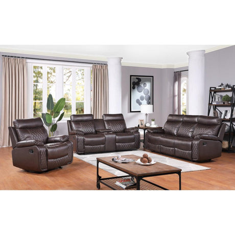 Brown faux leather sofa, front angle