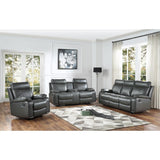 Socorro Gray faux leather double reclining sofa, angled front view
