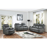 Gray faux leather sofa and loveseat set, front view
