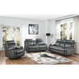 Gray faux leather double reclining sofa and loveseat set with center console, front angle