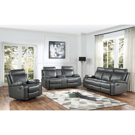 Gray faux leather double reclining sofa and loveseat set with center console, front angle
