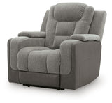 Mixed Motion Shadow Chenille / Faux Leather Power Recliner — angled view