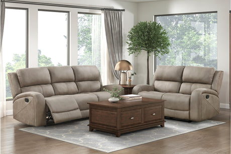 Pagosa double reclining sofa in brown microfiber seen from the front