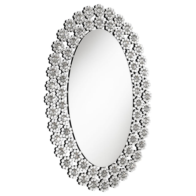 Colleen Oval Wall Mirror with crystal flowers angled view