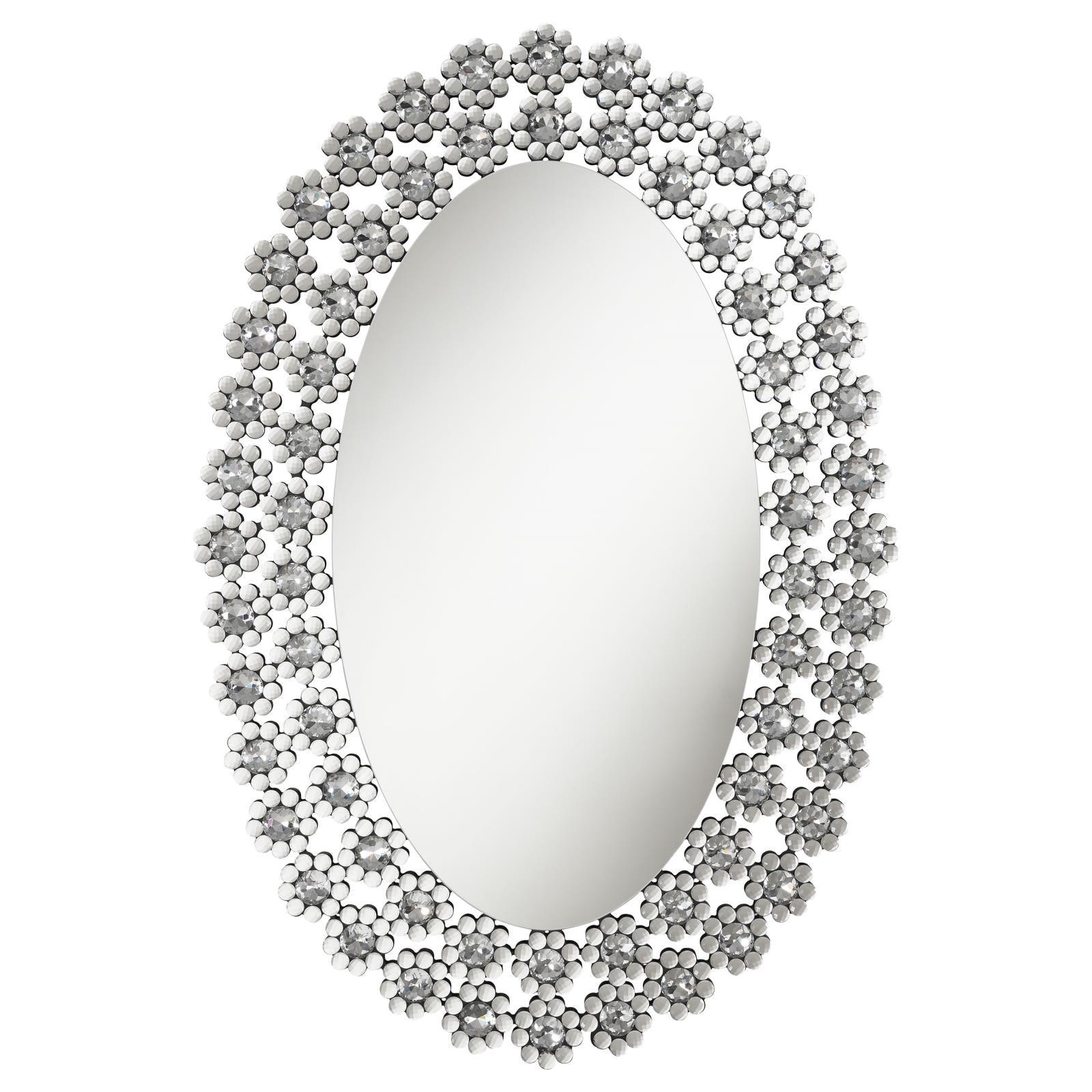 Close-up of silver floral crystal embellishments on mirror frame