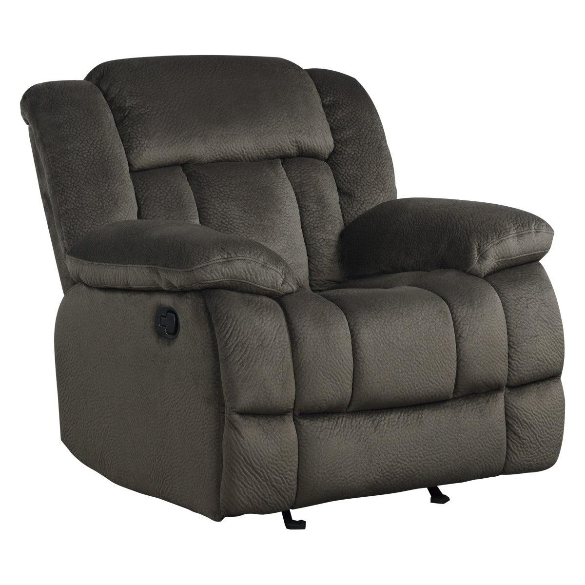 Laurelton Chocolate Solid Wood Plywood Textured Plush Microfiber Upholstery Glider Reclining Chair - Ella Furniture