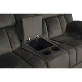 Laurelton Chocolate Textured Plush Microfiber Upholstery Double Glider Reclining Love Seat - Ella Furniture