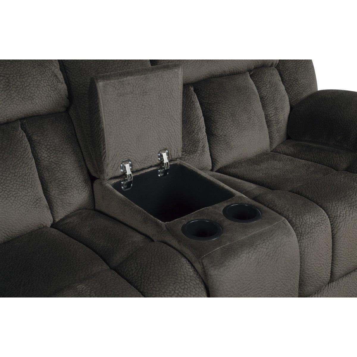 Laurelton Chocolate Textured Plush Microfiber Upholstery Double Glider Reclining Love Seat - Ella Furniture